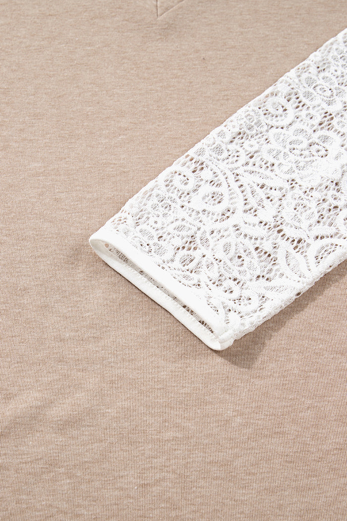 Oatmeal V Neck Contrast Lace Patchwork Long Sleeve Top