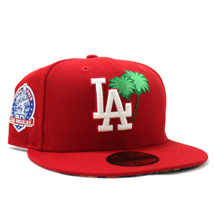Palm Tree Los Angeles Dodgers 50TH Anniversary New Era 59Fifty Fitted Hat (Glow in the Dark Logo Red Floral Under Brim)