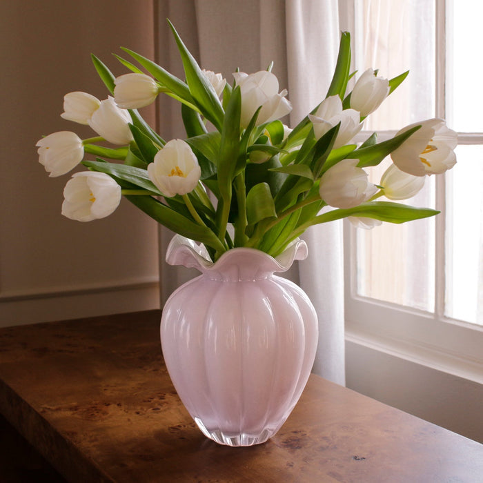 Beatriz Ball Glass Petal Large Vase Camellia — With white tulips beside a window