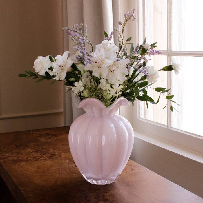 Beatriz Ball Glass Petal Large Vase Camellia — With a mixed white floral arrangement
