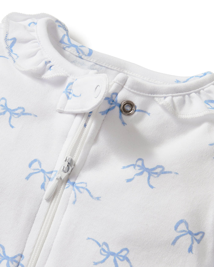 Petite Plume Pima Ruffle Collar Romper in Something Blue Bows