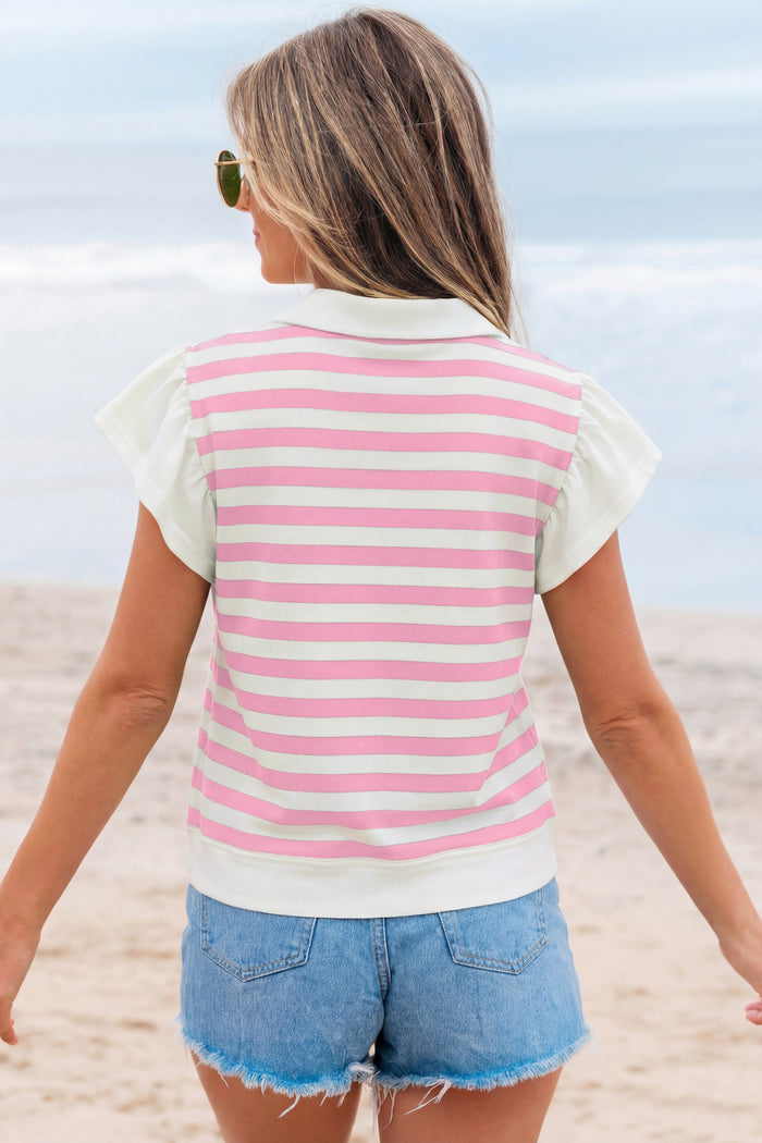 Pink Stripe Collar V Neck Ruffled Short Sleeve Blouse