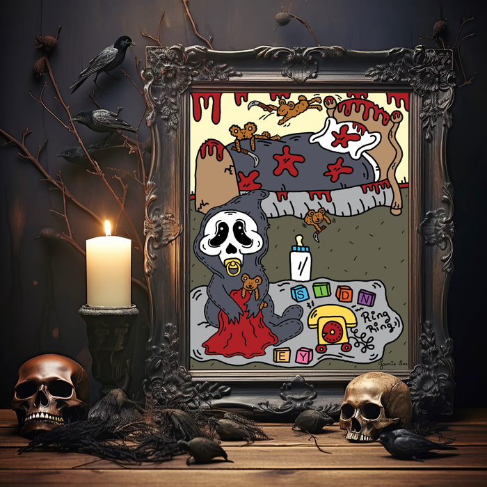 Baby Ghostface Scream can be seen with his baby bottle sucking on his pacifier and holding his blanket and killer Teddy Bear. He is playing blocks in his room. The killer teddy bears can be spotted in the back playing on the bed. Sidney Telephone