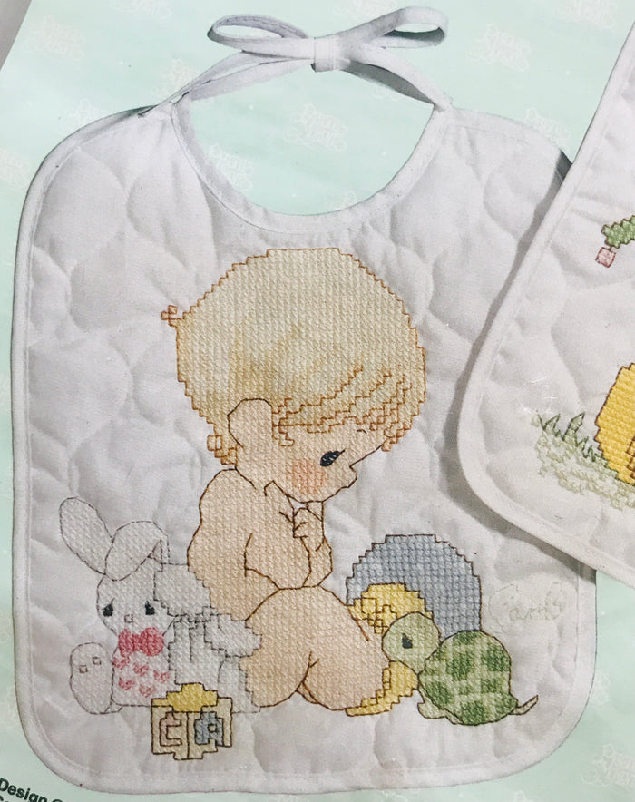 Precious Moments 2pc Baby Bib Set Stamped Counted Cross Stitch Kit or PDF Pattern Chart Instructions 'Precious Keepsakes' Instructions