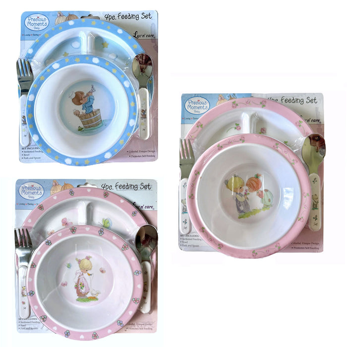 Precious Moments Baby Toddler Mealtime Feeding Gift Set Child 4PC Pink Girl or Blue Boy Divided Plate Bowl with Fork & Spoon - Baby Shower Gift