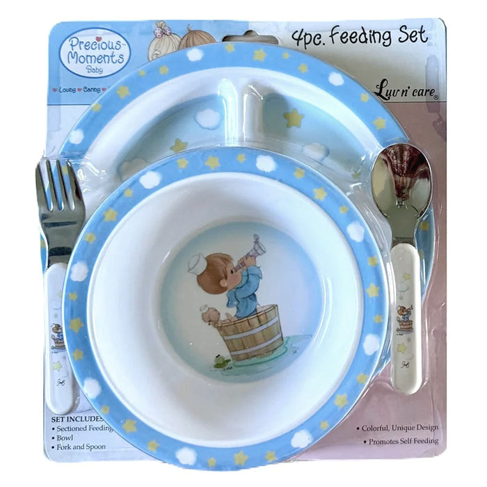 Precious Moments Baby Toddler Mealtime Feeding Gift Set Child 4PC Pink Girl or Blue Boy Divided Plate Bowl with Fork & Spoon - Baby Shower Gift