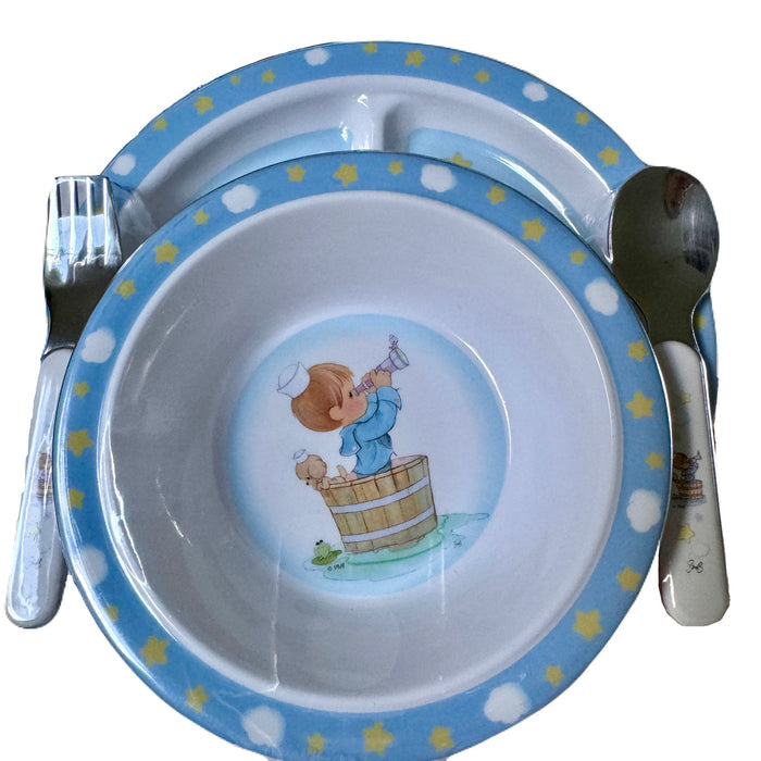 Precious Moments Baby Toddler Mealtime Feeding Gift Set Child 4PC Pink Girl or Blue Boy Divided Plate Bowl with Fork & Spoon - Baby Shower Gift