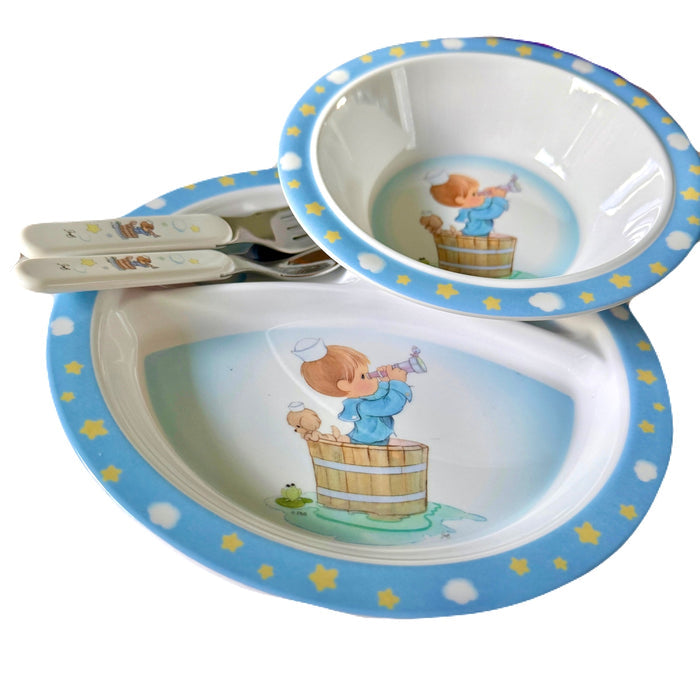 Precious Moments Baby Toddler Mealtime Feeding Gift Set Child 4PC Pink Girl or Blue Boy Divided Plate Bowl with Fork & Spoon - Baby Shower Gift