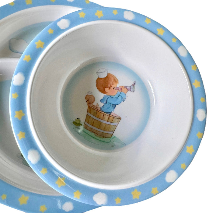 Precious Moments Baby Toddler Mealtime Feeding Gift Set Child 4PC Pink Girl or Blue Boy Divided Plate Bowl with Fork & Spoon - Baby Shower Gift