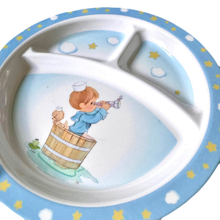 Precious Moments Baby Toddler Mealtime Feeding Gift Set Child 4PC Pink Girl or Blue Boy Divided Plate Bowl with Fork & Spoon - Baby Shower Gift