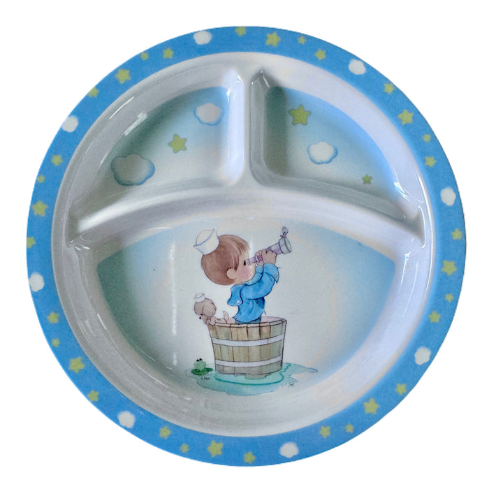 Precious Moments Baby Toddler Mealtime Feeding Gift Set Child 4PC Pink Girl or Blue Boy Divided Plate Bowl with Fork & Spoon - Baby Shower Gift