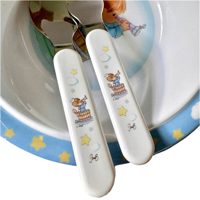 Precious Moments Baby Toddler Mealtime Feeding Gift Set Child 4PC Pink Girl or Blue Boy Divided Plate Bowl with Fork & Spoon - Baby Shower Gift