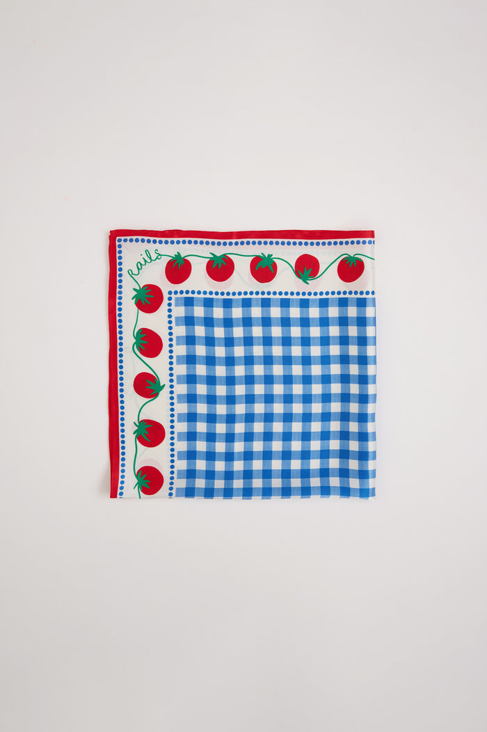 Comina Scarf in 100% Silk With Square Shape in Gingham Tomatoes Colorway - Flat Lay View Featured