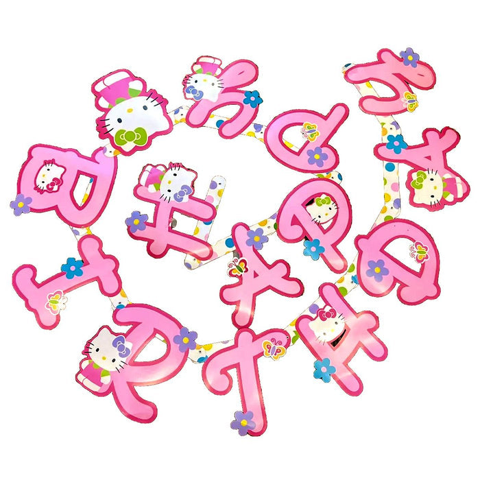 Rare 6.5" Tall Letters Hello Kitty Party Banner Pink with Flowers 'Flower Fun' Happy Birthday Hinged Banner 7 FT