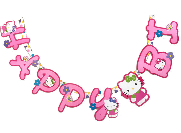 Rare 6.5" Tall Letters Hello Kitty Party Banner Pink with Flowers 'Flower Fun' Happy Birthday Hinged Banner 7 FT
