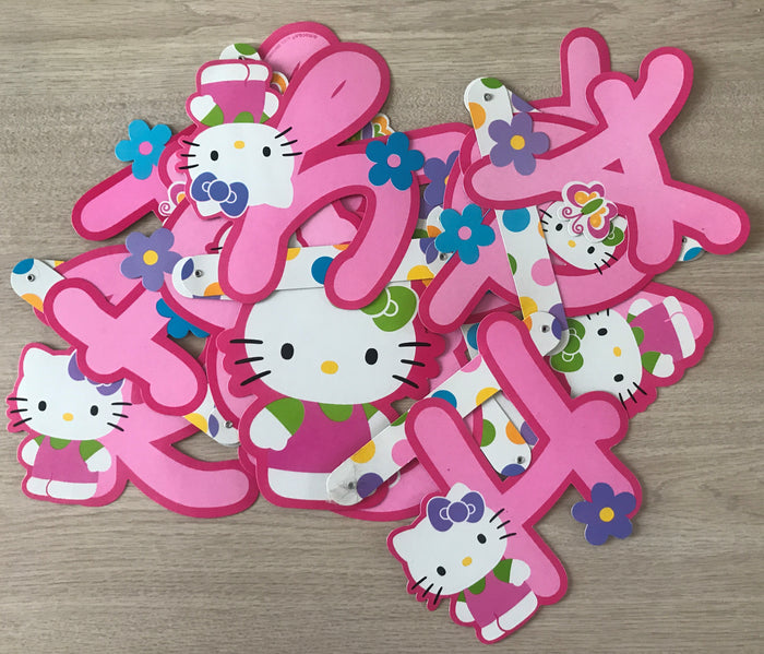 Rare 6.5" Tall Letters Hello Kitty Party Banner Pink with Flowers 'Flower Fun' Happy Birthday Hinged Banner 7 FT