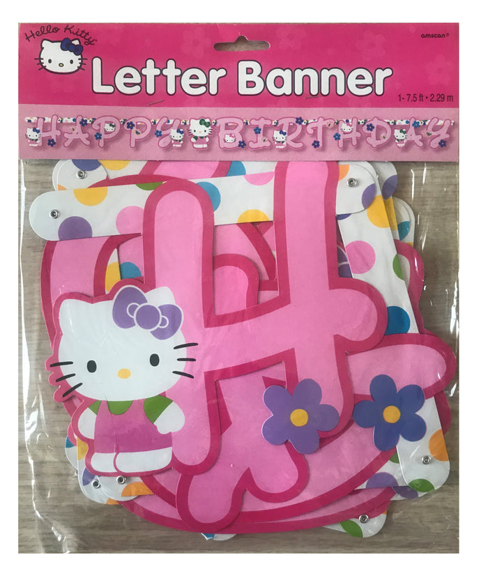 Rare 6.5" Tall Letters Hello Kitty Party Banner Pink with Flowers 'Flower Fun' Happy Birthday Hinged Banner 7 FT