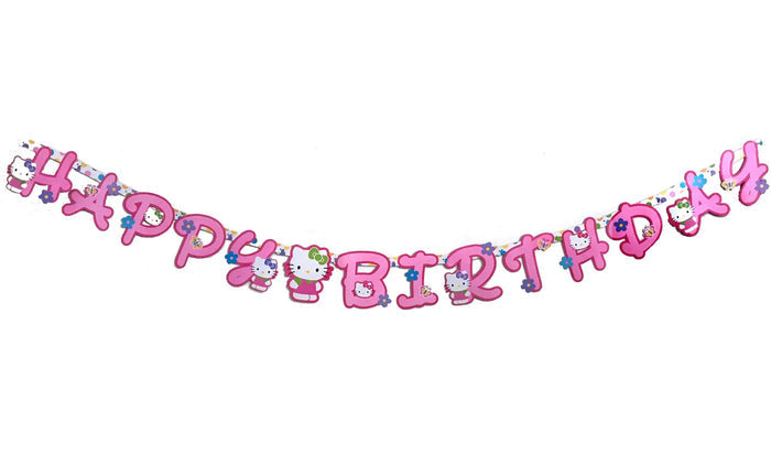 Rare 6.5" Tall Letters Hello Kitty Party Banner Pink with Flowers 'Flower Fun' Happy Birthday Hinged Banner 7 FT