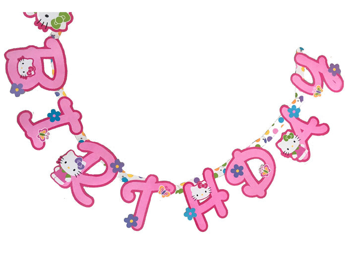 Rare 6.5" Tall Letters Hello Kitty Party Banner Pink with Flowers 'Flower Fun' Happy Birthday Hinged Banner 7 FT