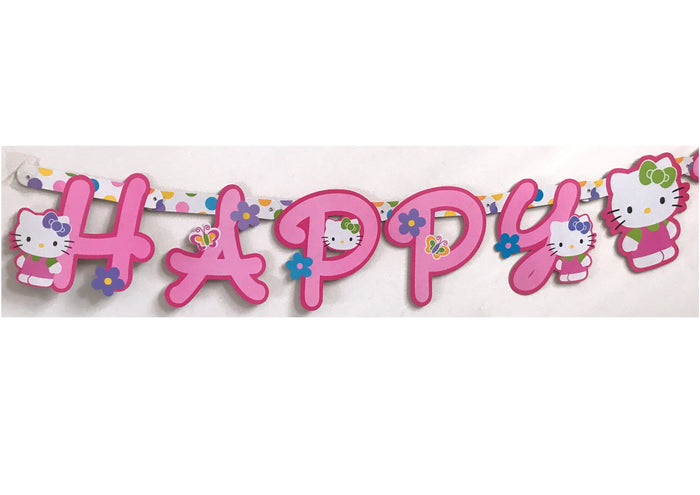 Rare 6.5" Tall Letters Hello Kitty Party Banner Pink with Flowers 'Flower Fun' Happy Birthday Hinged Banner 7 FT