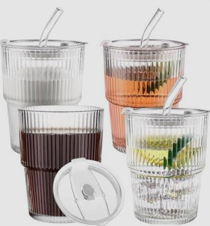 Ribbed Glass Reusable Cups with Lids & Straws