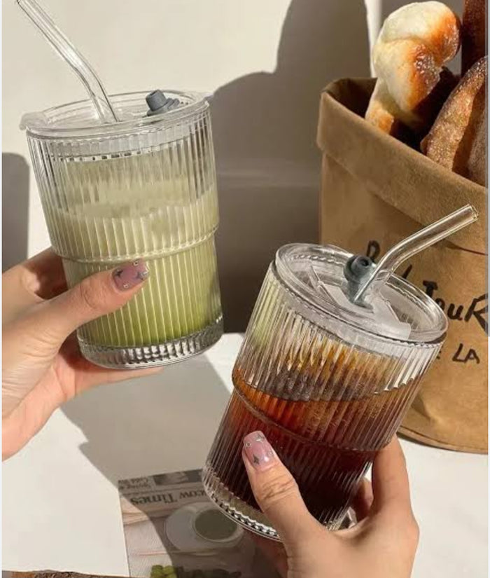 Ribbed Glass Reusable Cups with Lids & Straws