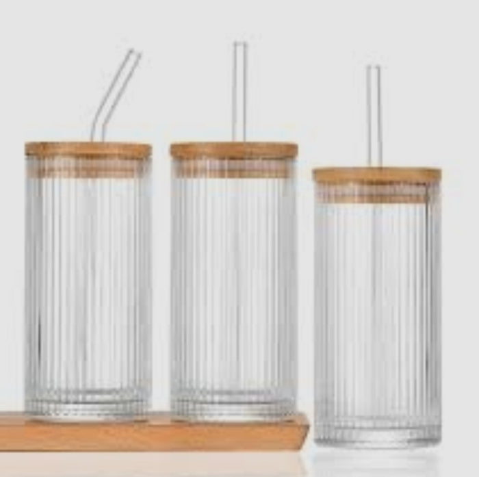 Ribbed Glass Tumbler with Bamboo Lid & Straw