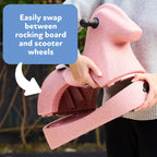 A person holds the Rock 'N Ride | Blue 3-in-1 ride-on, showing how to switch between rocking base and scooter wheels. A text bubble reads: Easily swap between rocker, scooter, caster board, and wheels.