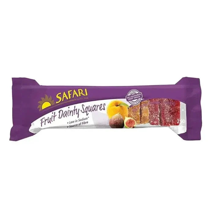Safari Fruit Dainties Squares 250g box with real fruit, crunchy flakes, and creamy coating snack