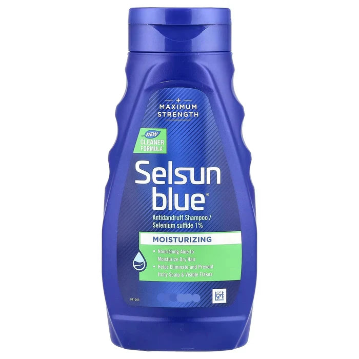 Selsun blue shampoo bottle on a white background