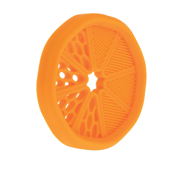 Nuby Silicone Mini Teethers (2 Pack) in Orange & Pineapple feature citrus and pineapple designs with textured surfaces and a central star-shaped hole, offering soothing teething relief for babies. Shown against a white background.