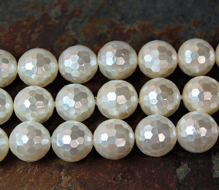 South Sea Shell Pearl, Antique White 8mm Faceted Rounds -16 inch strand