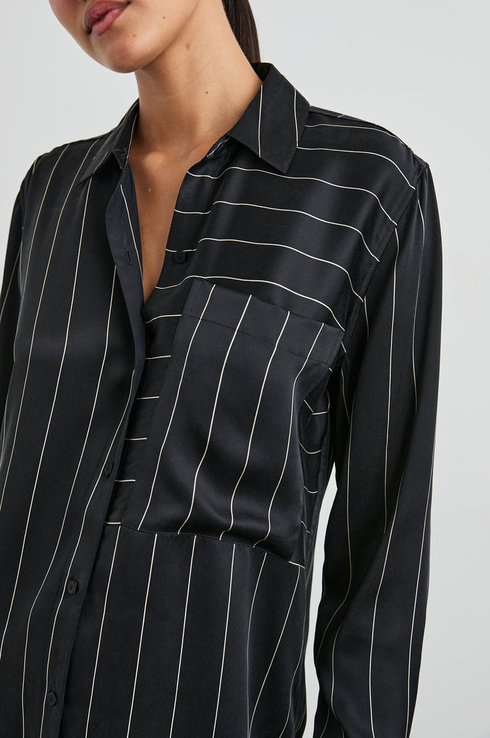 Spencer Long-Sleeve Button Up with Chest Patch Pocket in Ink Stripe Colorway, Thin White mixed vertical and horizontal stripes on Black - Front View Featured on Model