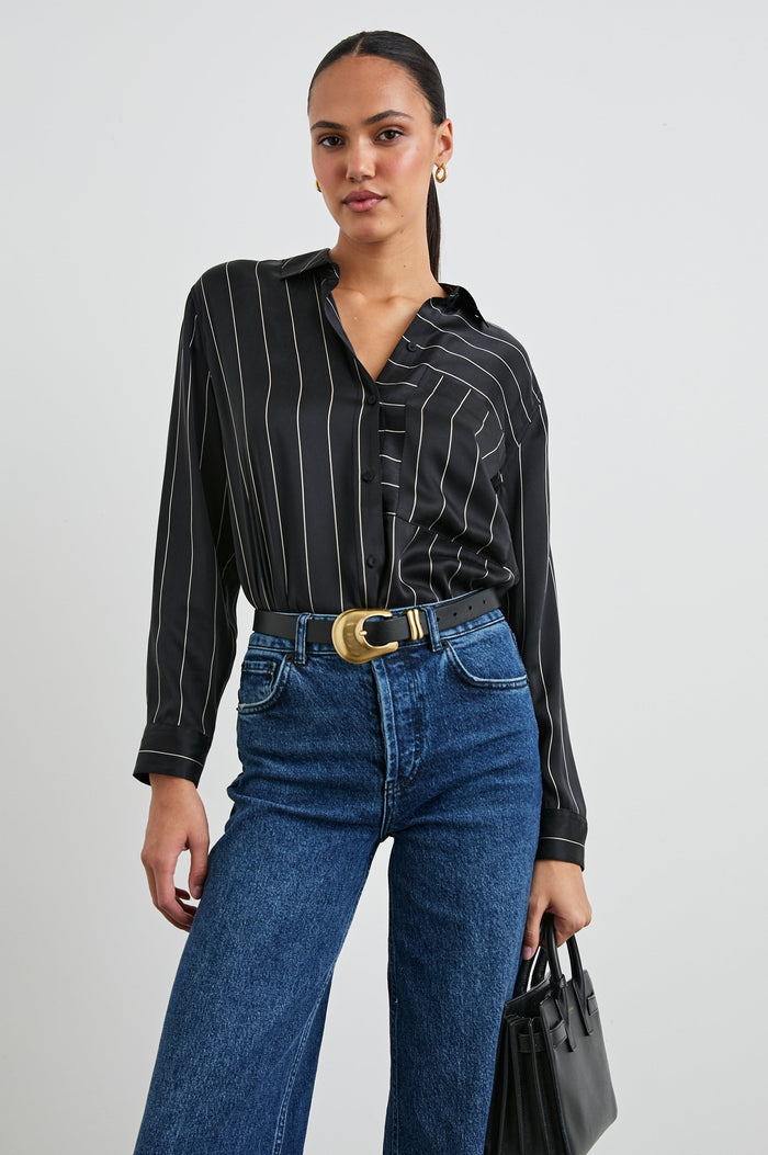 Spencer Long-Sleeve Button Up with Chest Patch Pocket in Ink Stripe Colorway, Thin White mixed vertical and horizontal stripes on Black - Front Tucked View Featured on Model
