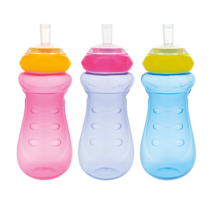 The Nuby Sports Sipper Cup (3 Pack) features leak-proof, easy-grip cups in pink, purple, and blue for toddlers. Each cup has a rounded top and straw, shown side by side on a white background.