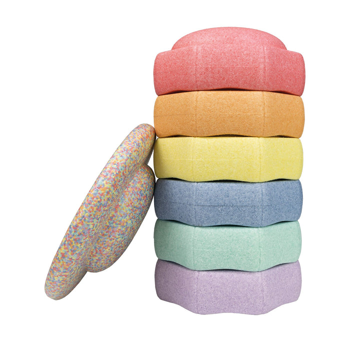 The StepPebbles and FREE Balance Board | Pastel features six pastel foam stepping stones and a speckled balance board, perfect for indoor or outdoor kids' balance activities.