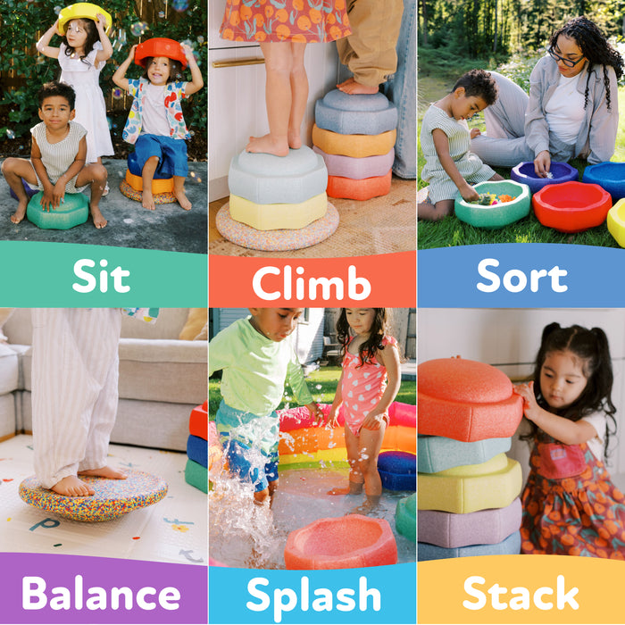 A collage of children playing with StepPebbles and FREE Balance Board | Primary—sitting, climbing, balancing, splashing, stacking—each activity labeled. Perfect eco-friendly indoor/outdoor balance toys for versatile kids' play.