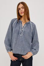 Tali Shirt in TENCEL™ Denim With Boxy Loose Fit, Blanket Stitch Trim, Raglan Sleeves, and Half Placket in Blue Ridge Colorway - Upper Body Front View Featured on Model