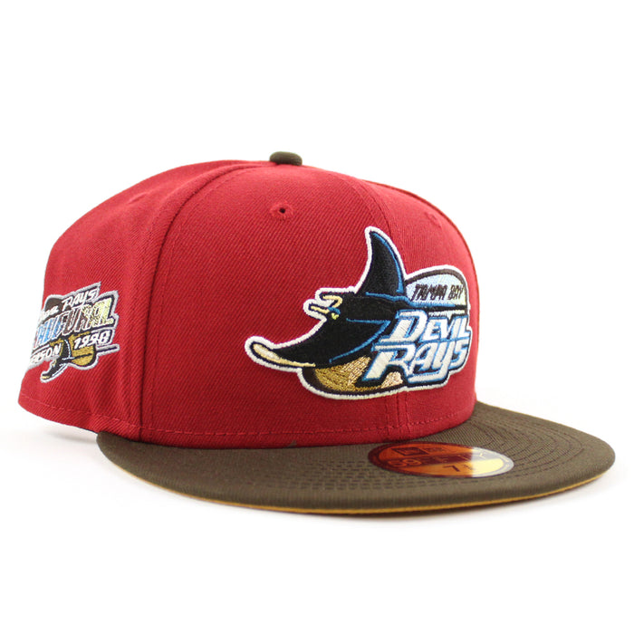 Tampa Bay Devil Rays INAUGURAL SEASON 1998 New Era 59Fifty Fitted Hat (PINOT RED WALNUT PANAMA TAN UnderBrim)
