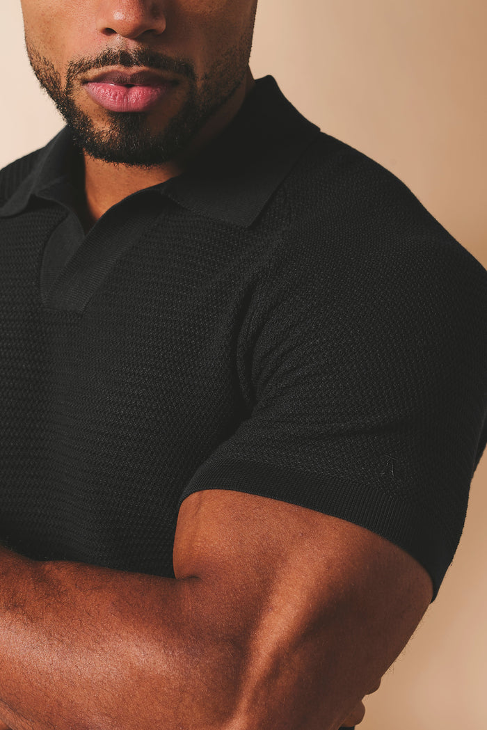 Textured Knitted Open Collar Polo Shirt in Black - TAILORED ATHLETE - USA