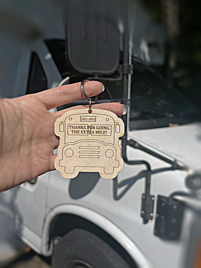 Thanks for going the extra mile bus wood keychain