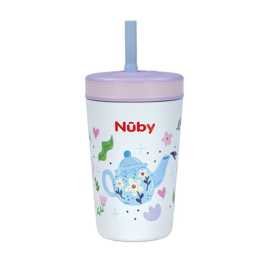 The Nuby Thirsty Kids Flexstraw Stainless Steel Cup | Teapots features a purple lid, is decorated with a blue teapot, flowers, leaves, and hearts on white, plus the red Nuby logo—ideal for kids’ cold drinks.