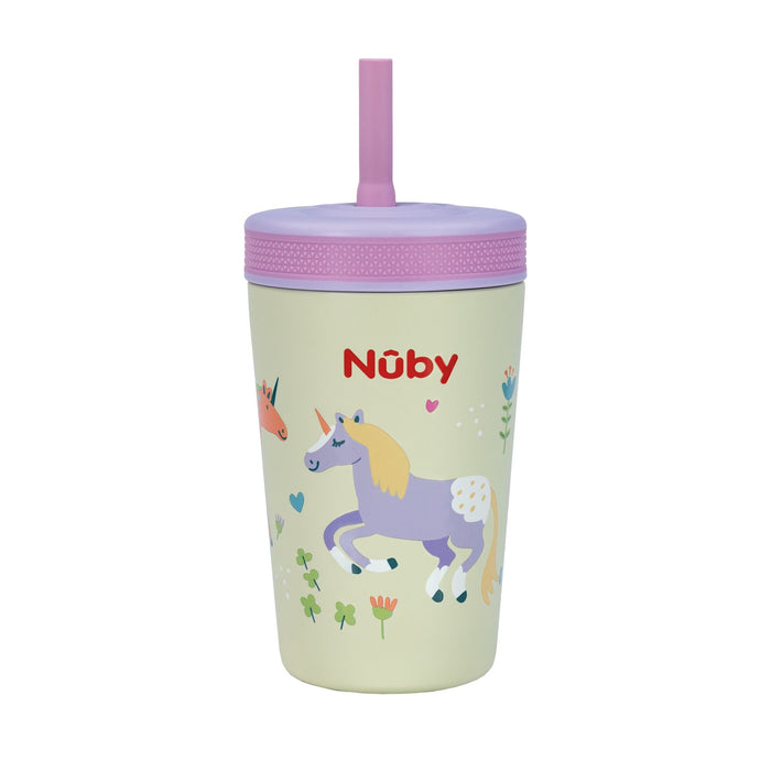 The Nuby Thirsty Kids Flexstraw Stainless Steel Cup | Unicorns is a pastel-colored kids’ cold drink cup with a purple lid and straw, decorated with unicorns, flowers, and hearts—no-spill design perfect for little ones.