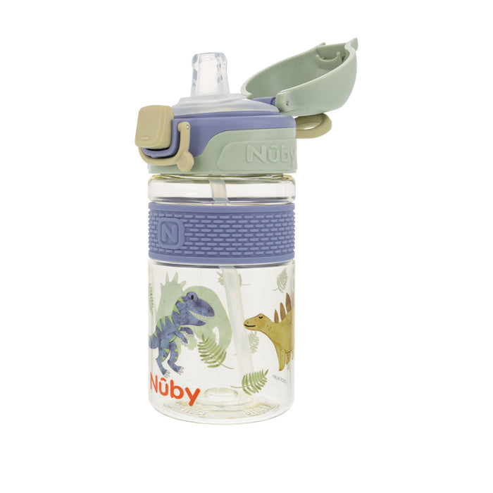 The Nuby US Thirsty Kids Flip-It BOLT Water Bottle | Dinosaurs has a clear plastic body with cartoon dinosaur and fern designs, a light green no-spill lid, silicone straw, and blue grip band for easy holding.