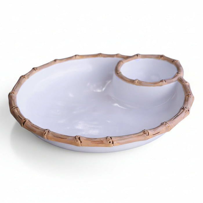 Beatriz Ball Vida Bamboo Large Chip & Dip Bowl — Large serving area and raised dip bowl shown on white