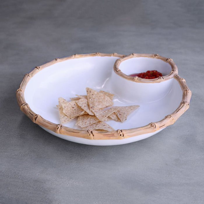 Beatriz Ball Vida Bamboo Large Chip & Dip Bowl — With chips and salsa on a gray surface