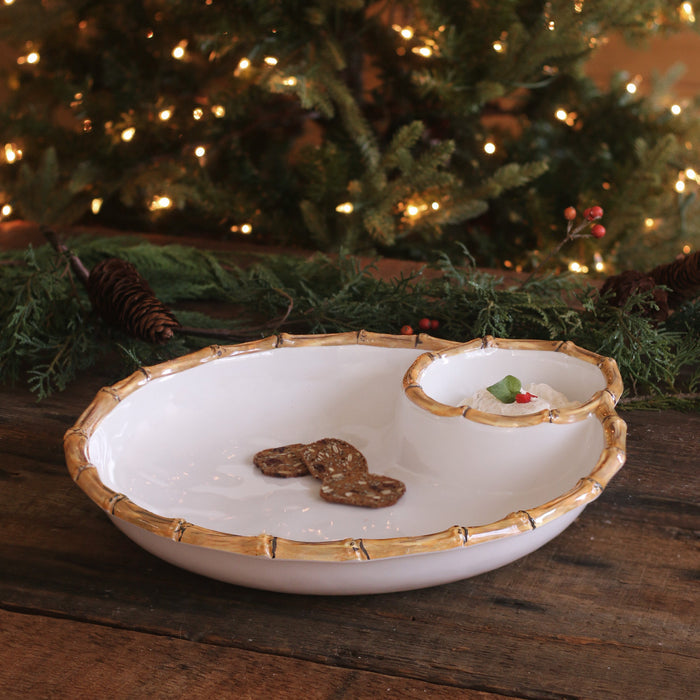 Beatriz Ball Vida Bamboo Large Chip & Dip Bowl — With cookies beside seasonal greenery