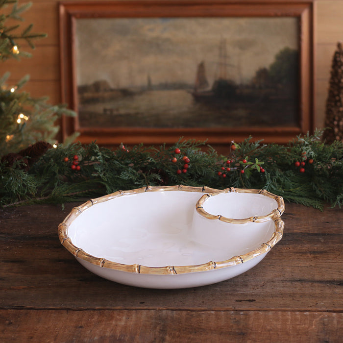 Beatriz Ball Vida Bamboo Large Chip & Dip Bowl — Empty serving design on a wooden surface