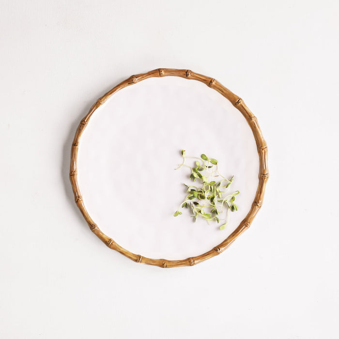 Beatriz Ball Vida Bamboo Round Platter — Overhead on white with a small botanical sprig