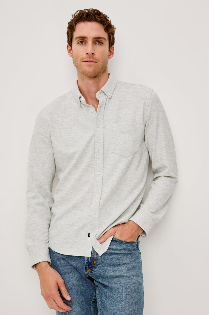 Vincent Button Front Collared Shirt in Viscose Blend With Single Chest Pocket and Long Sleeves in Heather Grey Colorway - Upper Body Front View Featured on Model